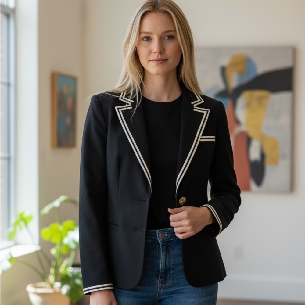 Pink Tartan Elegant Black Blazer w Gold Accents - Sophisticated Size 8